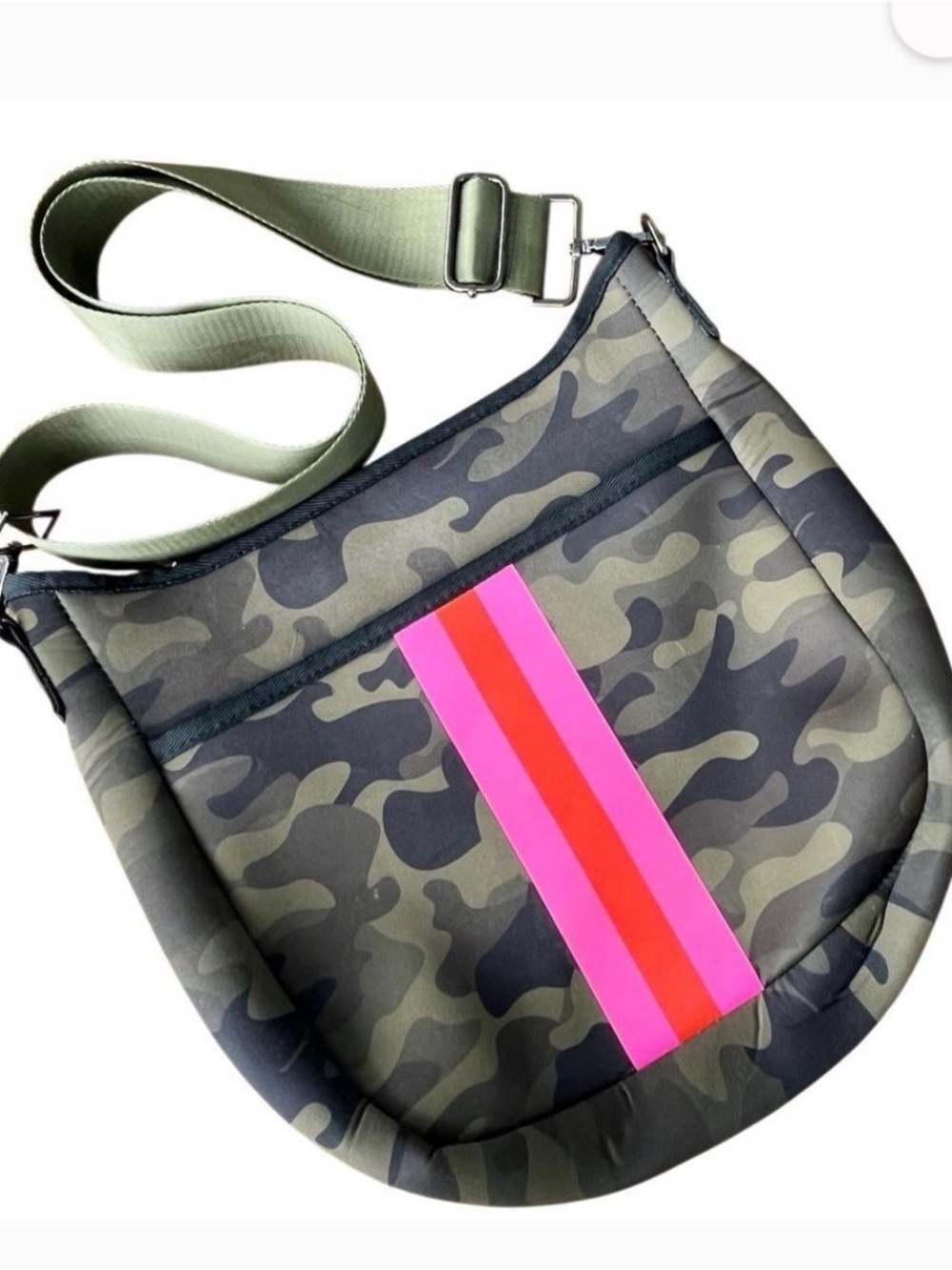 Haute Shore “Drew” Neoprene Crossbody – Camo with Pink Neon Stripe